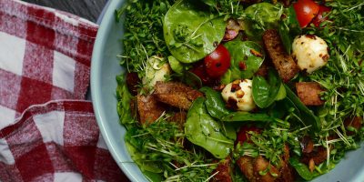 gekühlter Brot-Salat mit Spinat und Tomaten